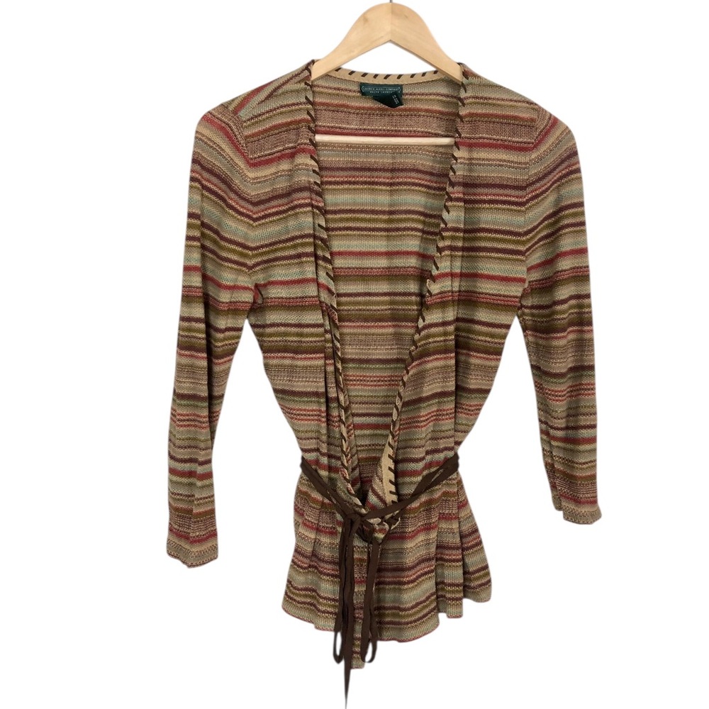 Lauren Ralph Lauren Striped Open-Front Belted Cardigan - Beige, Brown, Red